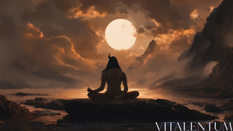 Meditative deity silhouette before luminous storm moon.