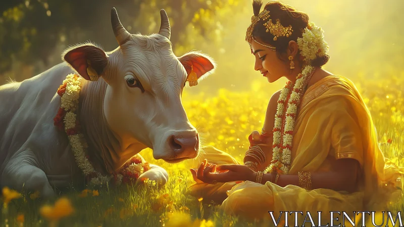 Young woman in traditional attire sits beside garlanded cow