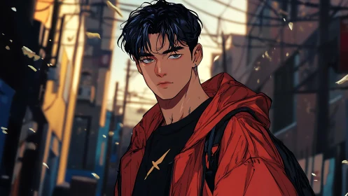 Young man in red jacket on anime style city street.