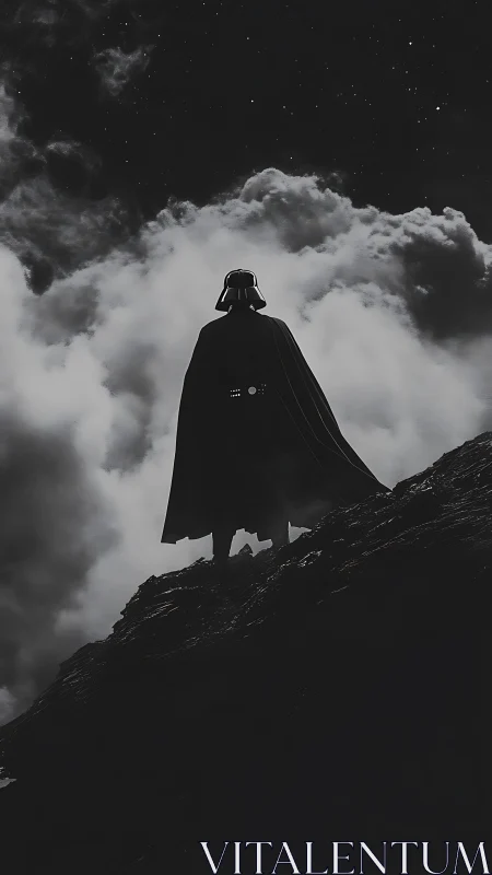 Silhouetted armored figure on rocky ridge under clouded night sky.