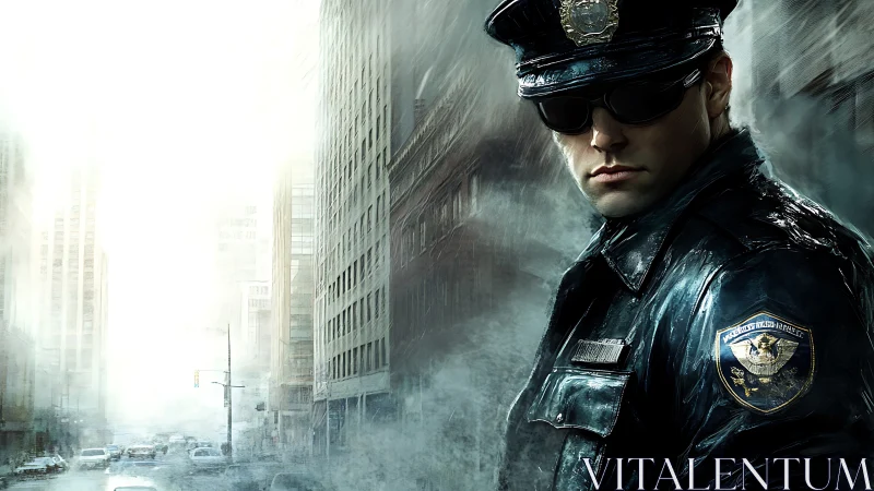 Police officer stands in reflective uniform on misty city street