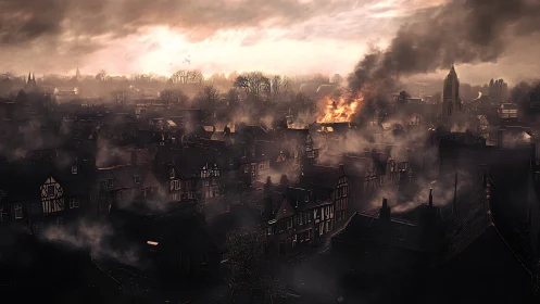 Digital painting of burning medieval town under storm sky.