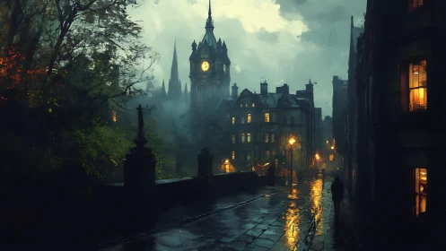Gothic clocktower rises above foggy, lamplit city street.
