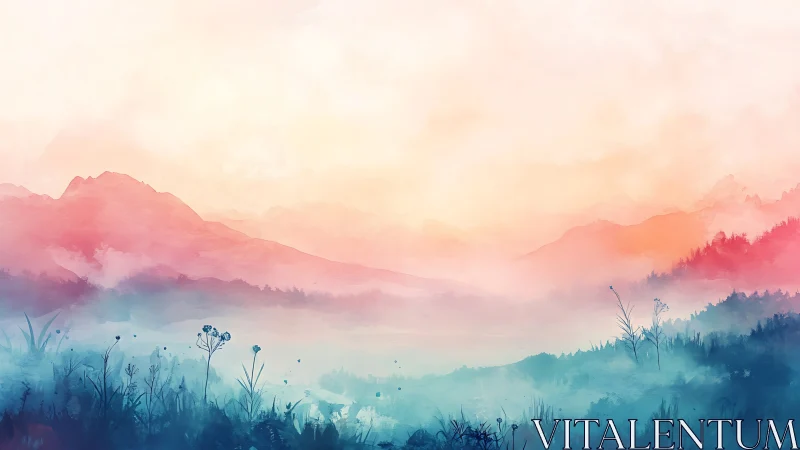 Atmospheric sunrise over misty mountains in soft gradients