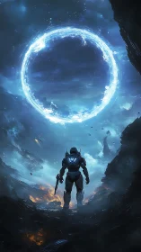 Futuristic soldier under luminous cosmic energy portal.
