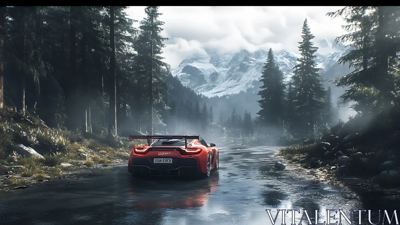 Aerodynamic GT supercar on wet alpine forest roadway at dawn.