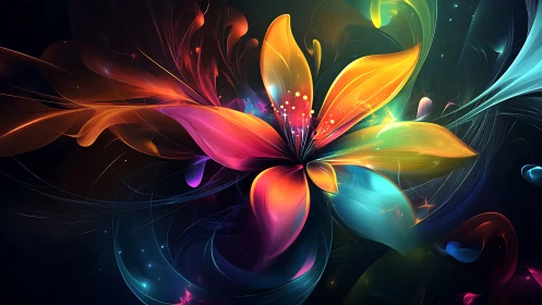 Spectral luminous flower rendered as high-saturation vector light bloom