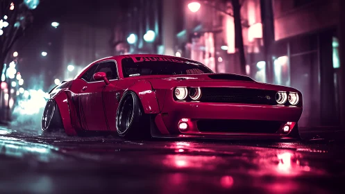Low-slung red muscle car under neon city lights at night.