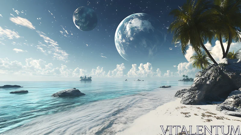 Alien Twin Moons Over Tropical Paradise Beach