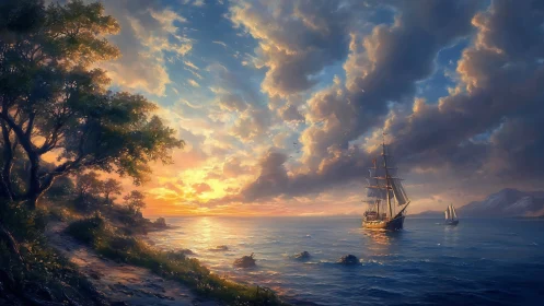 Sunset-illuminated brigantine off wooded littoral horizon line.