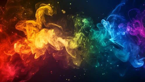 Multicolored abstract smoke waves on dark gradient backdrop.