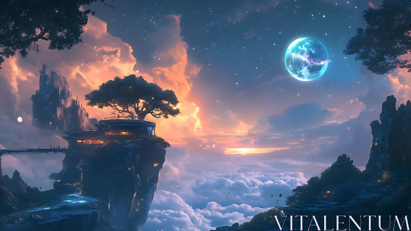 Skyborne refuge above clouds under a dreaming blue moon.