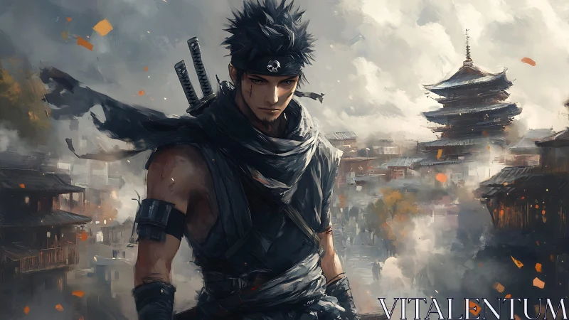 Lone ninja stands before misty pagoda city in turmoil