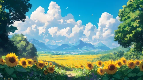 Sunflower valley under cumulonimbus towers and distant peaks.