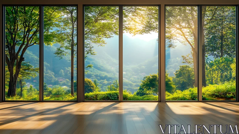 Panoramic floor to ceiling glazing frames sunlit forest valley