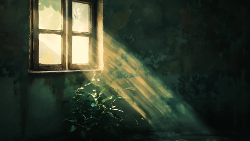 Sunlit window illuminates green plant in dark interior
