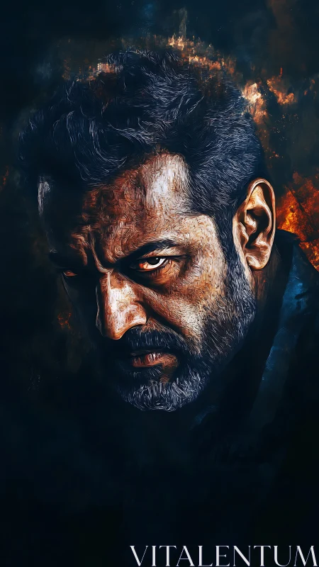 Textured digital portrait shows intense male gaze with fiery rim lighting