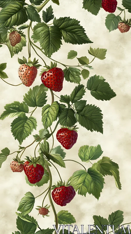 Strawberry vines with ripening fruit on neutral ground.