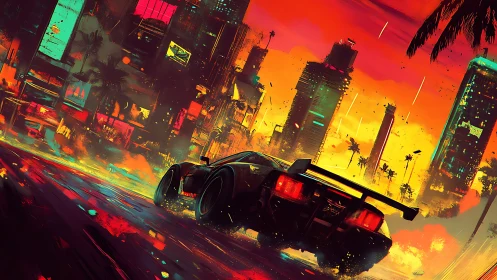 Cyberpunk muscle car racing through neon sunset megacity.