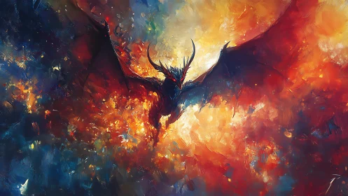 Winged dragon silhouette amid abstract fiery background.