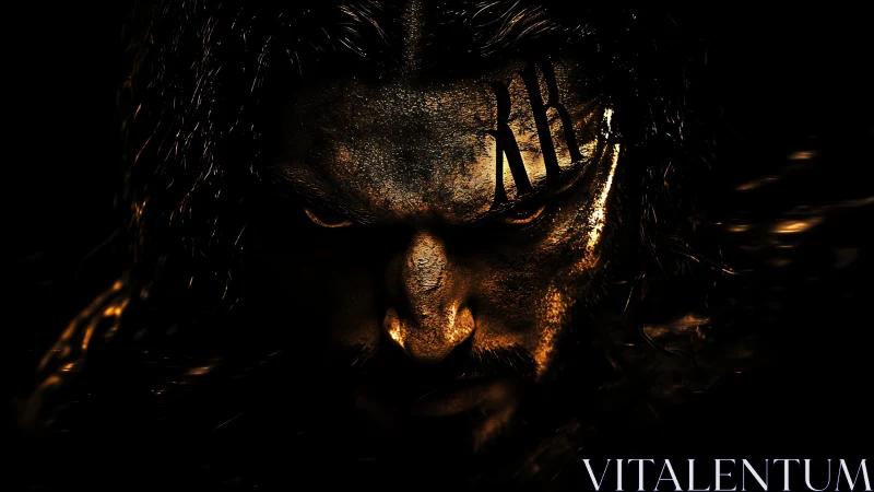 Dark warrior portrait burns through shadow and ember light.