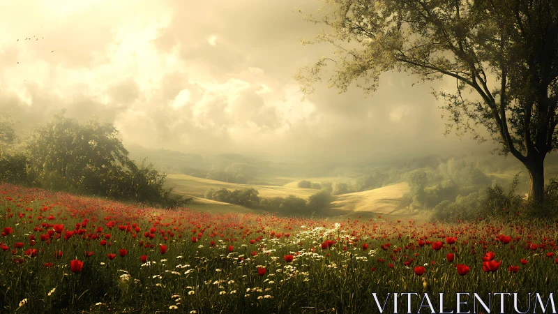 Sunlit poppy kingdom bathing in dreamy golden haze.