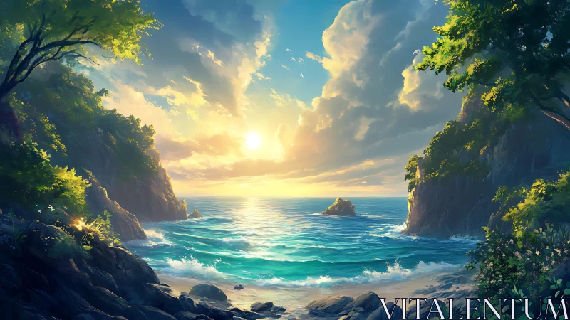 Coastal cove with dramatic sunrise, towering cliffs, and golden light