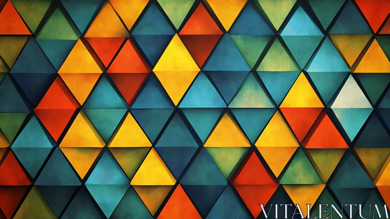 Geometric triangular wall pattern in multicolored arrangement.