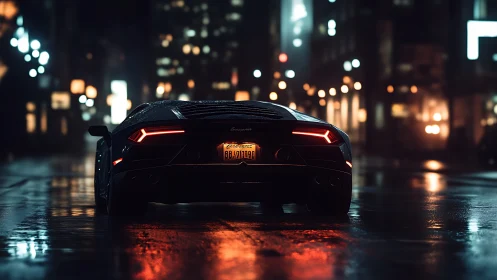 Midnight supercar glow on rain-soaked city streets.