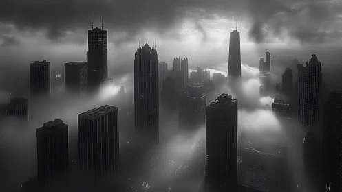 Skyscraper sentinels pierce stormy fog in monochrome hush
