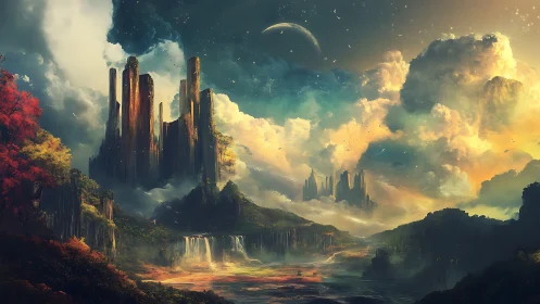 Distant spires over waterfalls under luminous sky.