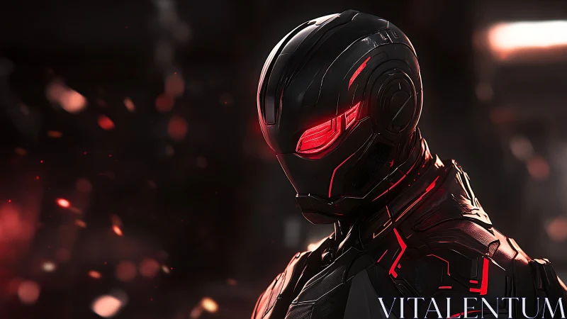 Cybernetic enforcer in black armor with glowing red optics.