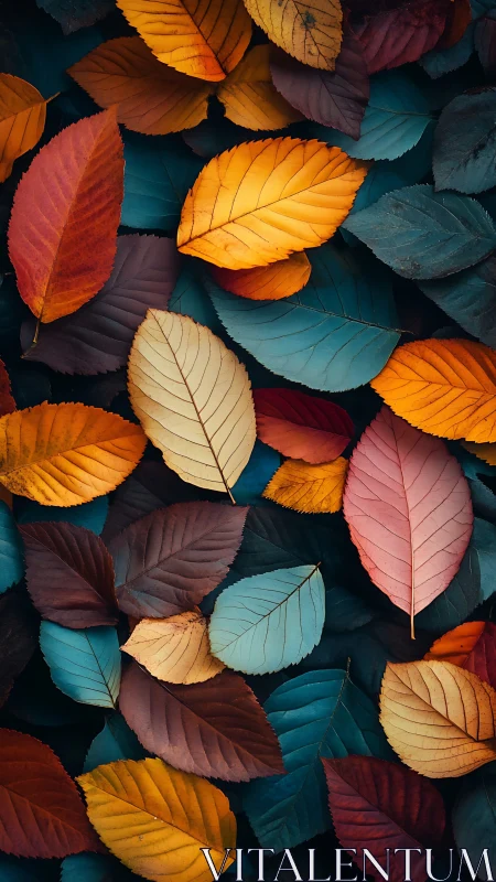 Overhead view of multicolored autumn leaves on dark ground.