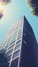 Glassy tower stretches sunward between leaf-framed skies