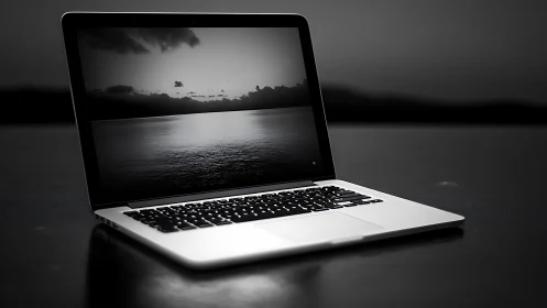 Laptop computer displays monochrome seascape on glossy screen