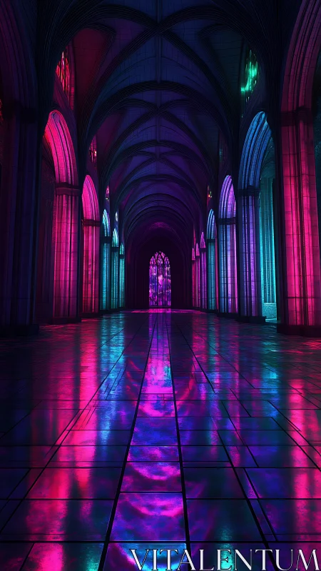 Neon cathedral corridor glows with reflective stained light.