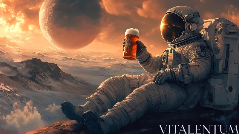 Astronaut in exoplanet landscape calmly raising illuminated beer