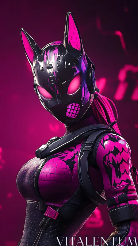 Neon cyber warrior in fox mask under magenta glow.