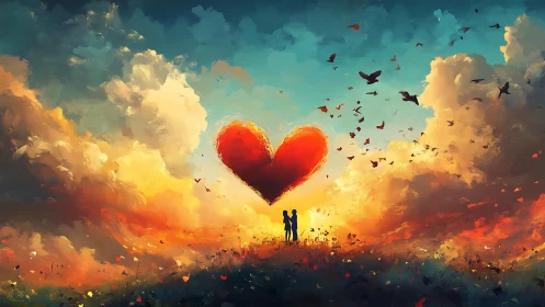 Silhouetted couple under oversized heart in dramatic sky