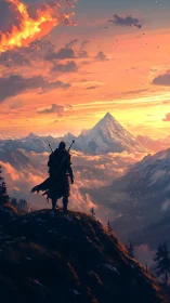 Solitary cloaked figure surveys distant snow-covered mountain