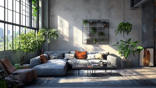 Loft living room merges concrete minimalism and lush greenery.