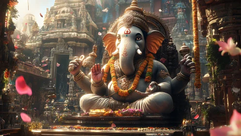 Large Ganesha statue in ornate temple courtyard at sunrise.