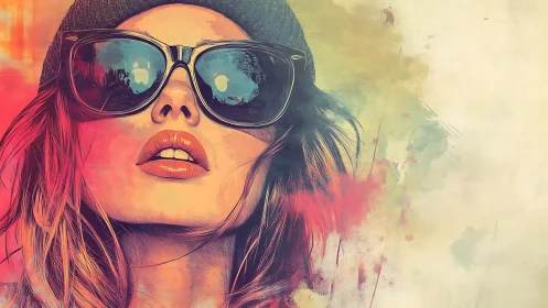Stylized portrait of woman in sunglasses on abstract ground.