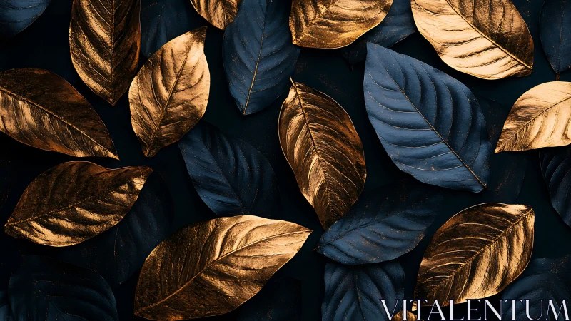 Metallic gold and blue leaves in repeating pattern design.