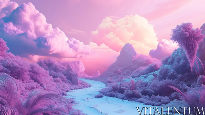 Neon pastel valley with luminous clouds and frozen river