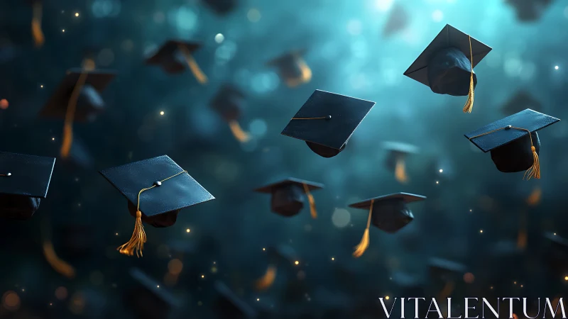 Multiple graduation caps suspended in midair against teal field.