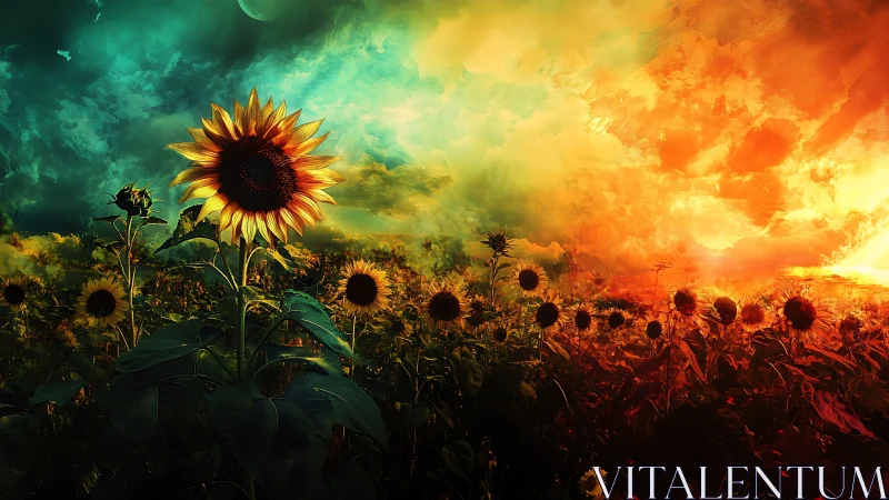 Solar crowned sunflower leading a twilight storm of fire.