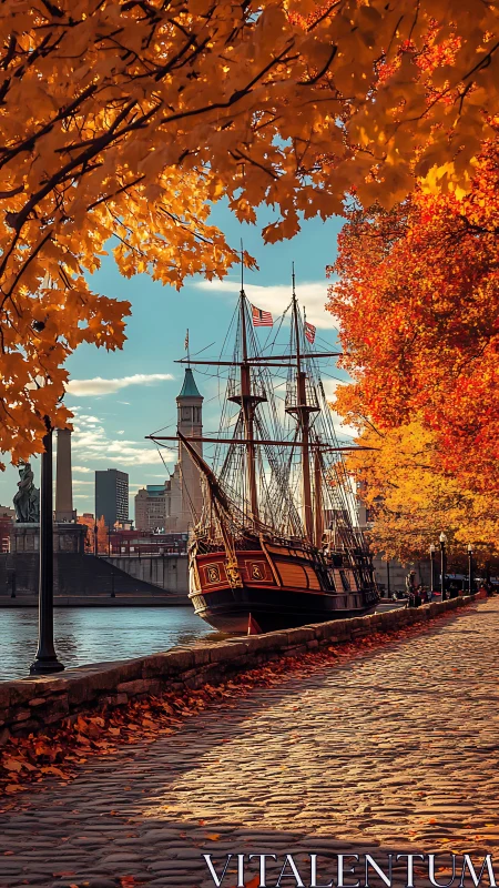 Tall ship moored on riverside under saturated autumn foliage glow