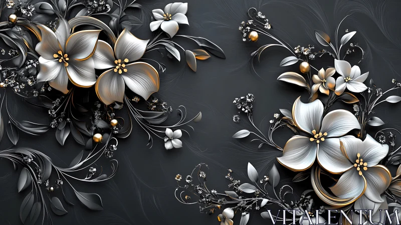 Ornate 3D Floral Design with Gold and White Flowers on Dark Background.