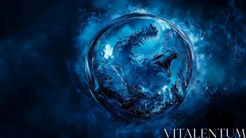 Roaring dinosaur world wrapped in a glowing cosmic orb.